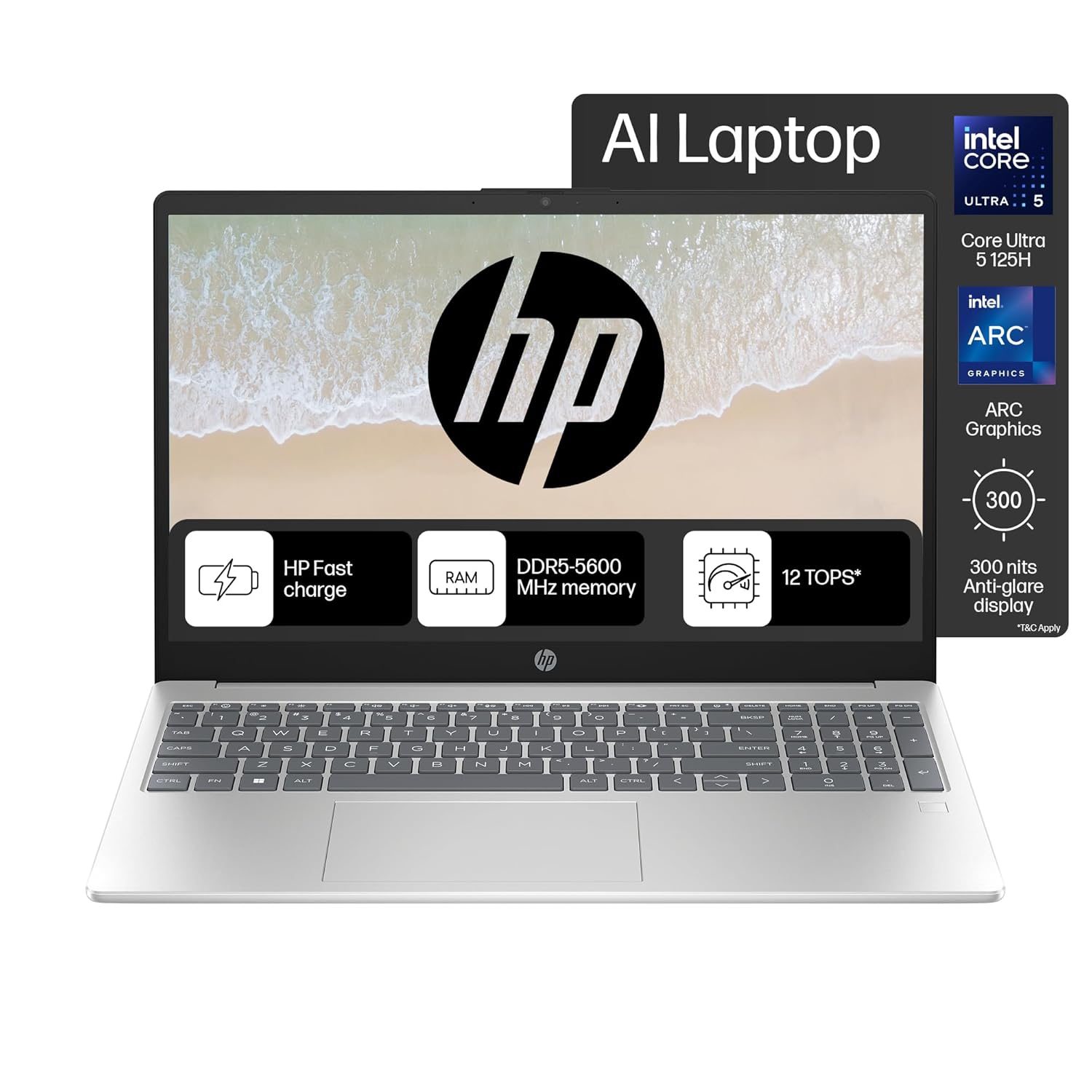 HP 15 AI Laptop, Intel Core Ultra 5 125H, 12 Tops, 16GB DDR5, 512GB SSD (Win11, Office 21, Silver, 1.65kg) IPS, 15.6-inch(39.6cm), 300 nits, FHD, Intel Arc Graphics, Backlit KB, FHD Camera, fd1099TU