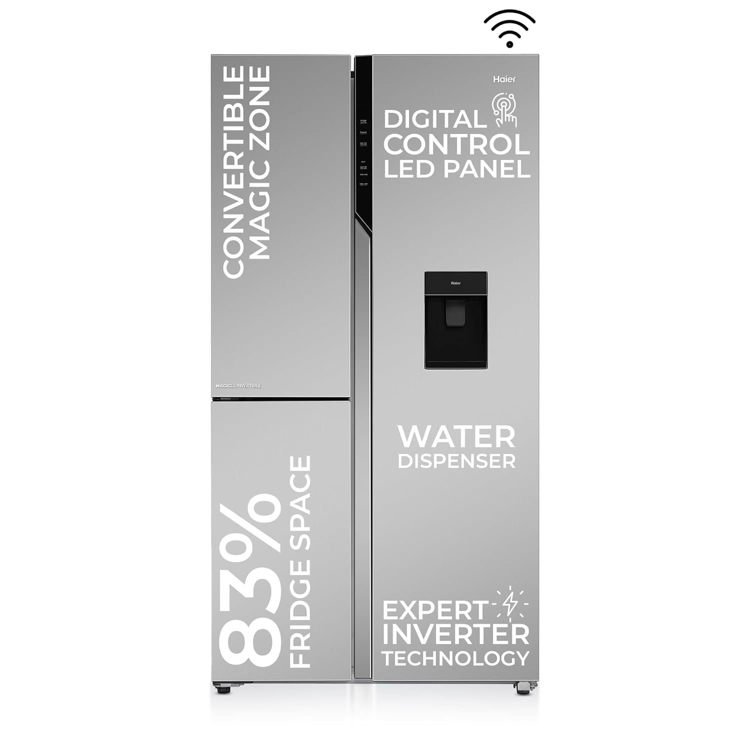Haier 592L 3Star 3-Door Water Dispenser Side by Side Frost Free Refrigerator|Convertible|Smart Sense AI|Inverter|Digital Display Panel|Deo Fresh Technology (2025 Model, HRT-683WISU1, Inox Steel)