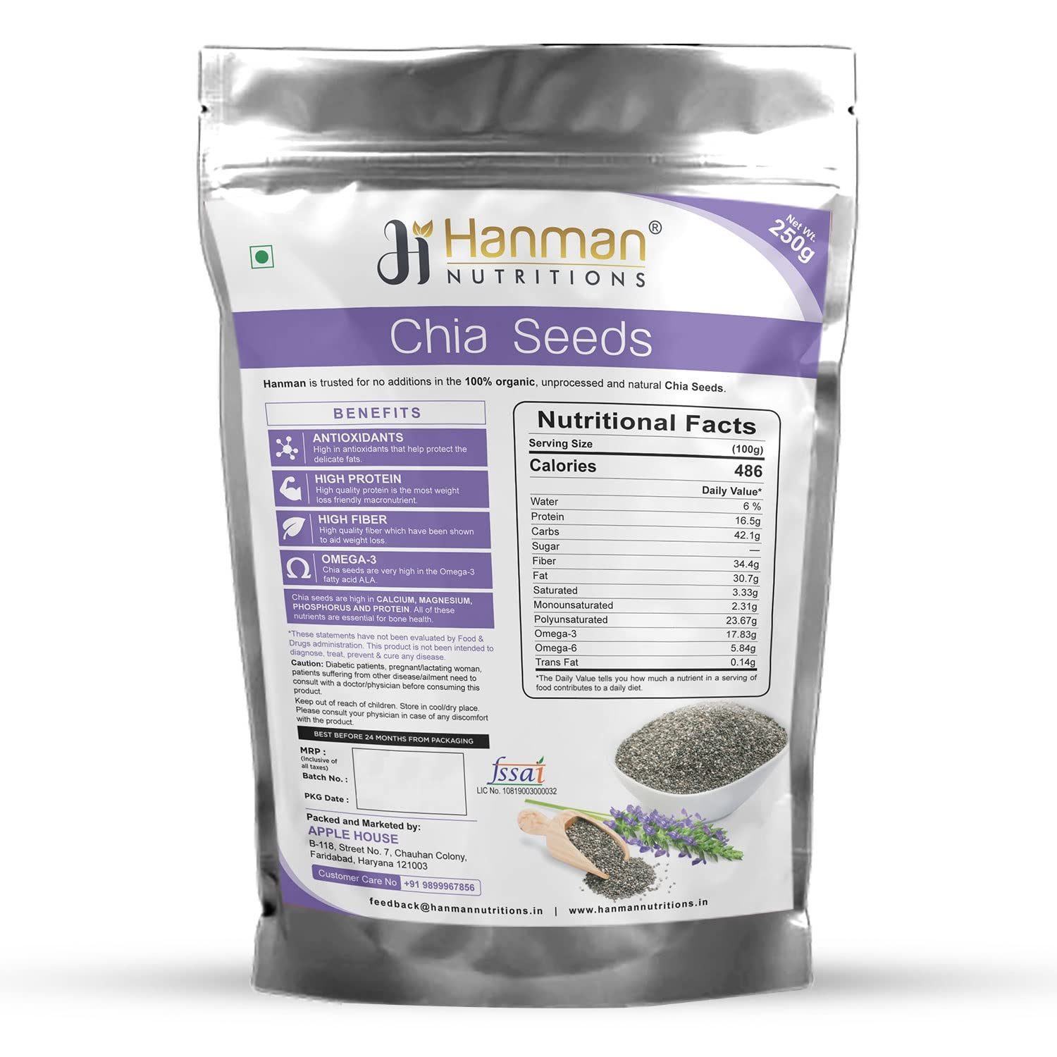 Hanman Nutritions Chia Seeds 250g | Organic Chia | Seeds for Eating | High Source of Calcium, Protein Fiber, Omega 3 & Antioxidant | Unroasted Chia Seeds for Weight loss | Diet Snacks
