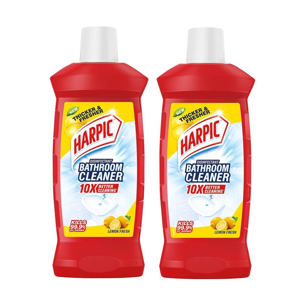 Harpic 1 Litre (Pack of 2) – Lemon, Bathroom Cleaner Liquid | New Thicker Bathroom Floor Cleaner | Red Harpic Bottle