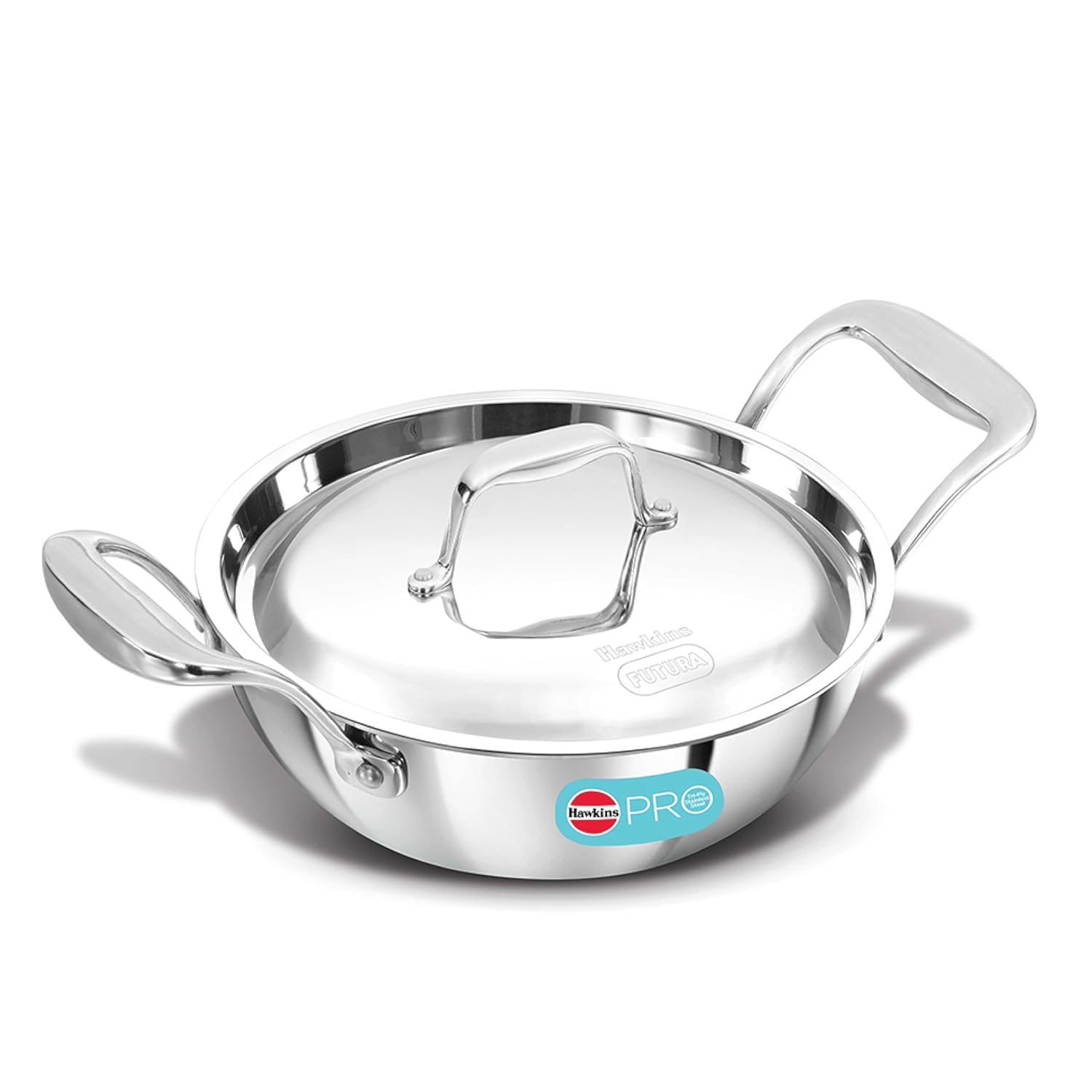 Hawkins Pro 1.5 Litre Deep-Fry Pan, Triply Stainless Steel Kadhai with Steel Handles and Steel Lid, Small Kadhai, Silver (PSK15S)