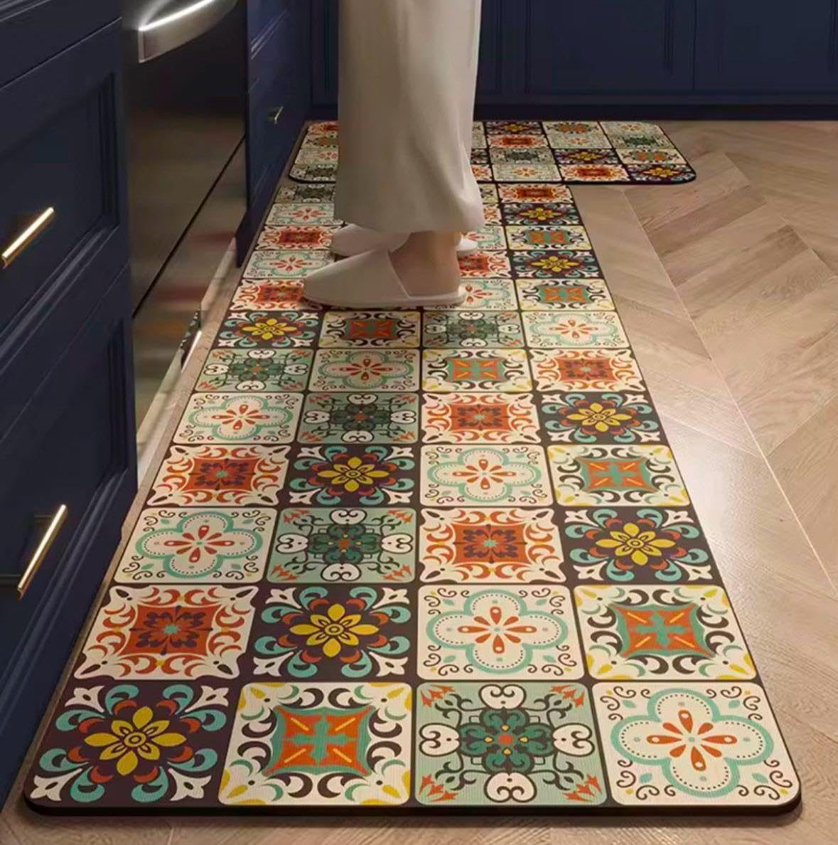 HomeCloud Rubber Kitchen Mats for Floor Set of 2 Pcs | Non-Skid, Soft Absorbent Rugs for Kitchen, Laundry, and Hallway | 120x40cm, 40x60cm| 4mm Thickness|Green_Brown_Multi