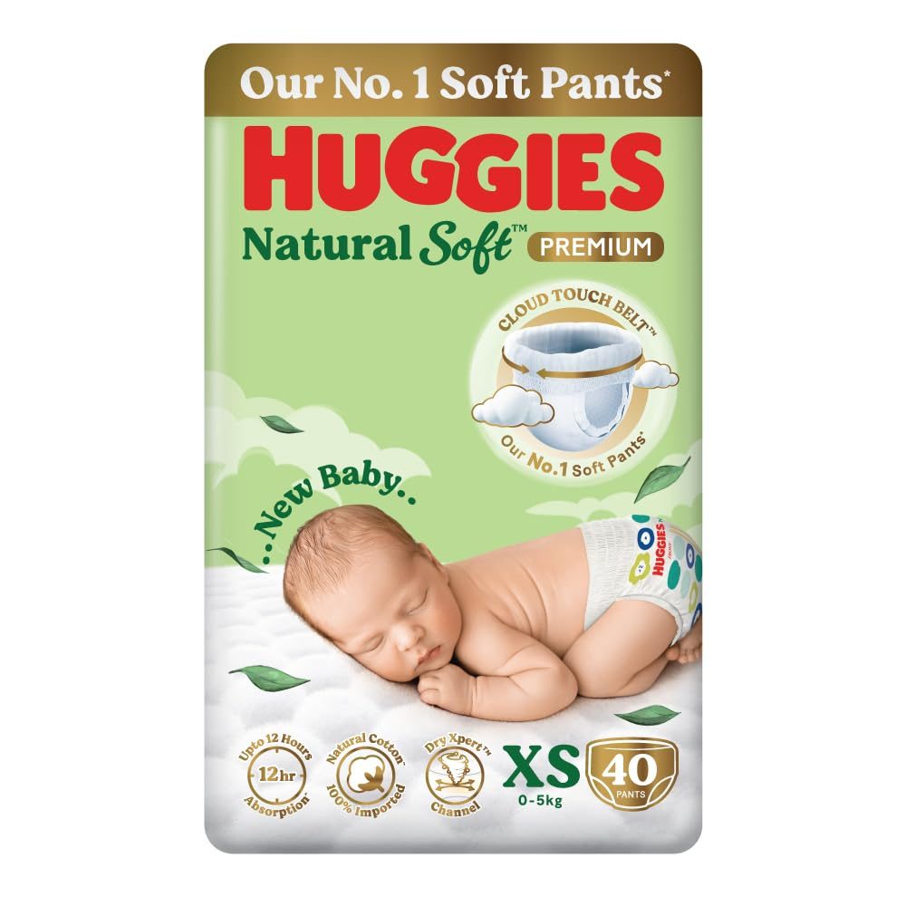 Huggies Natural Soft Premium Baby Diaper Pants, Our No.1 Soft Pants, New Born/Extra Small (XS) Size (0-5 Kgs), Pack of 40 | Cloud Softness All over with India’s 1st Cloud Touch Belt