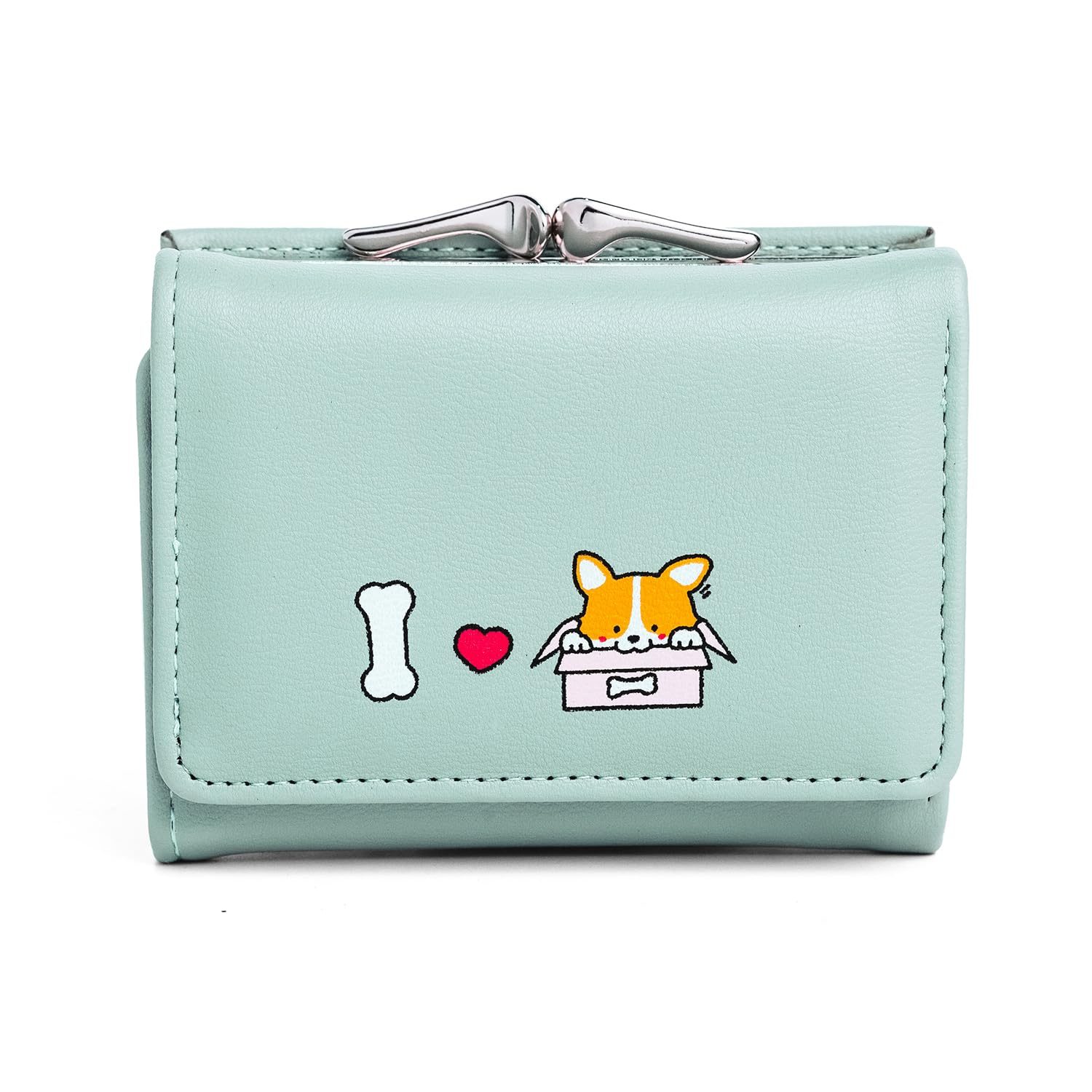 INOVERA (LABEL) Cute Corgi Dog Wallets for Womens,& Girls – Stylish Faux Leather Tri-fold Cash, Cards Holder Wallet | Small Hand Purse with Bone Design (Light Blue)