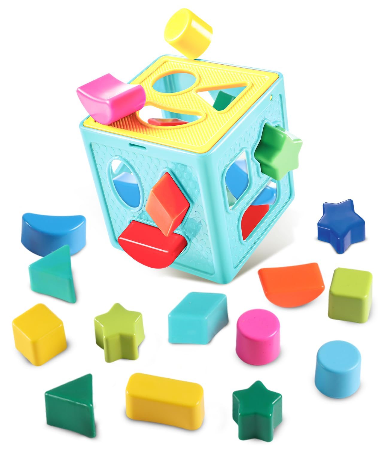 INTELLIBABY Premium 18 Pcs Shape Sorter Cube–Montessori Sensory Learning & Stacking Toy for Babies & Toddlers 1–5 Years, Brain & Cognitive Development,Activity & Educational Toy for Kids,Birthday Gift
