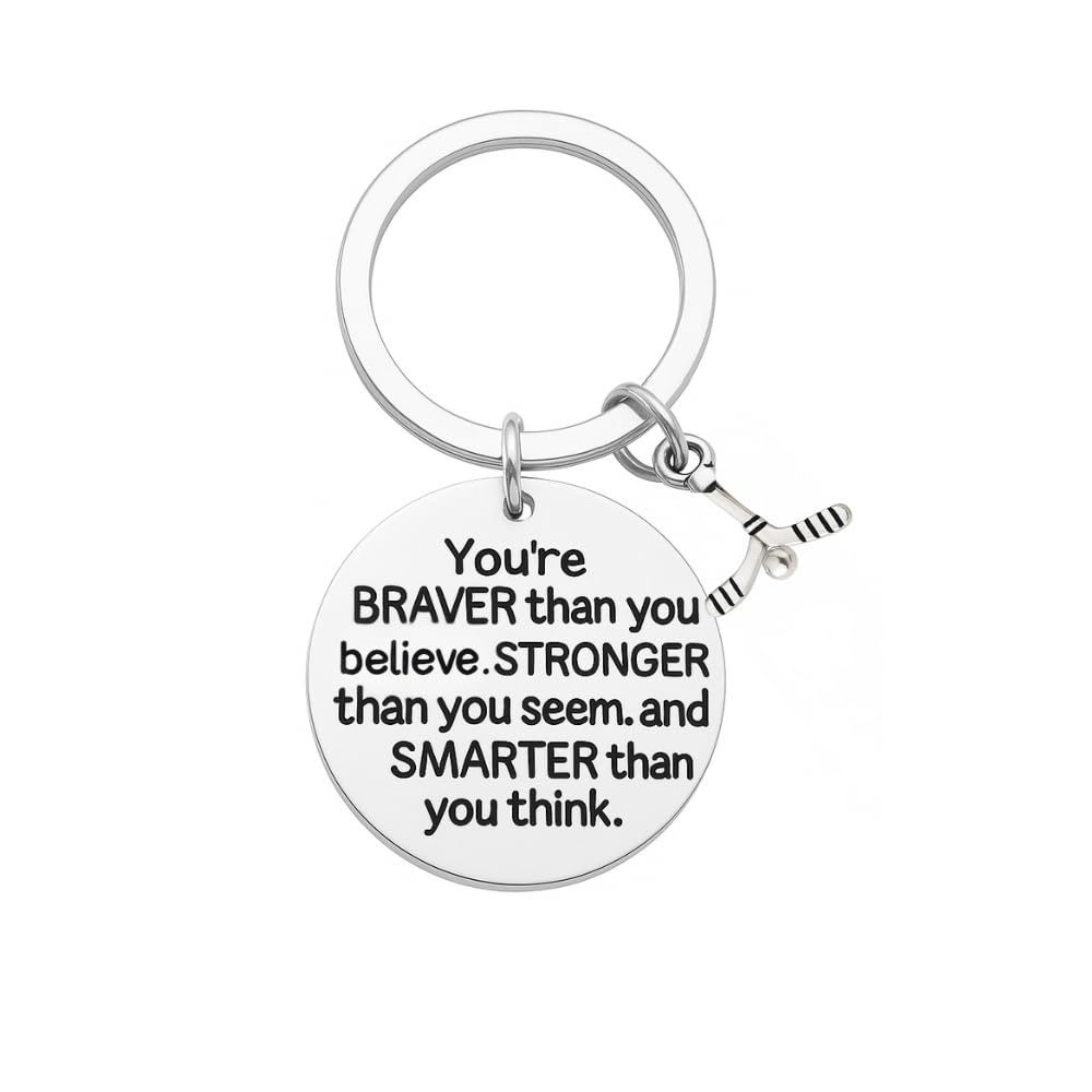 Ice Hockey Charm Keychain, Inspirational You’re Braver Than You Believe, Stronger Than You Seem & Smarter You Think Jewelry, Hockey Gifts for Hockey Players