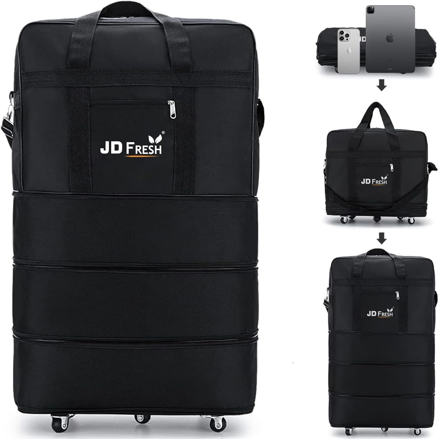 JD FRESH 3 Layer Nylon Duffle Bags/Convertible Travel Luggage with Wheels/Waterproof Traveling Bag for Clothes/Foldable – Extendable Duffle Luggages for Men and Women(Black)