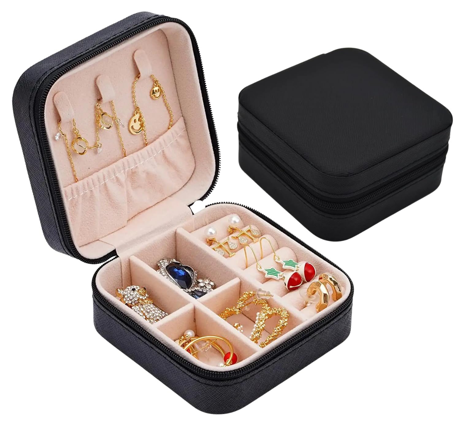 Jewellery Organiser PU Leather Zipper Square Portable Mini Square Storage Box Case with Dividers Container for Rings, Earrings, Necklace Home Organizer | Black