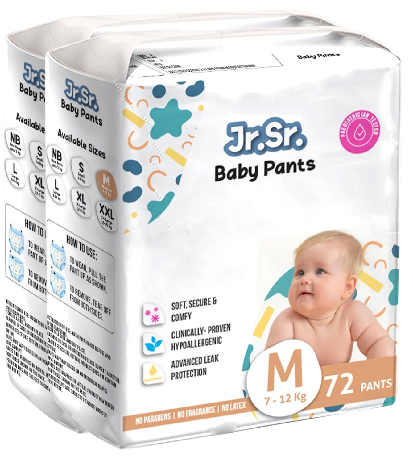 Jr. Sr. Baby Diaper Pants with Advanced Leak Protection | Soft & Comfortable| Medium | 7-12 Kg | 144 Counts | Pack of 2