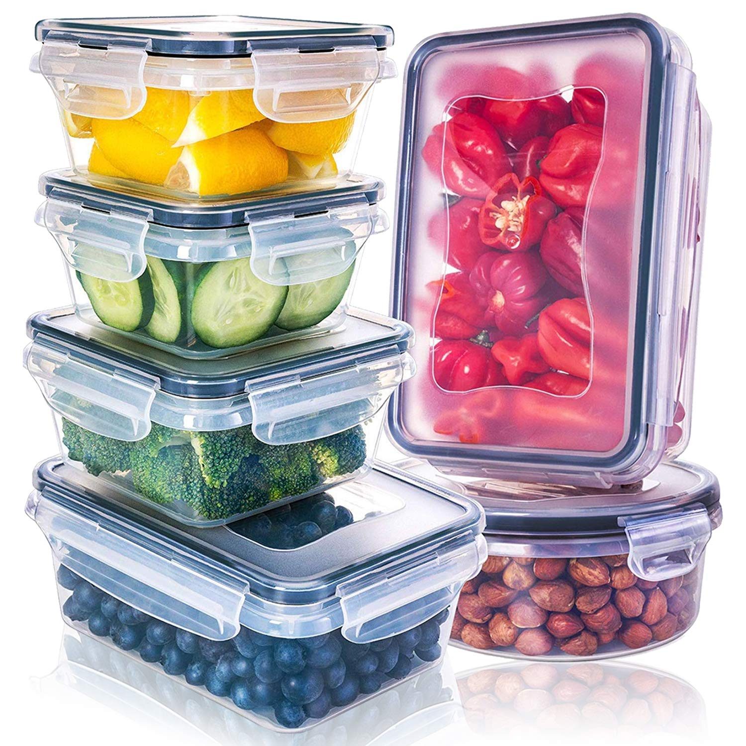 KITCHENACE,Modernise your living, Kitchen Storage Box with Lid, Plastic Fridge Storage Containers Set to keep Vegetables and Fruits Fresh in the Refrigerator Snap-Seal (6-Pc) Black, Transparent