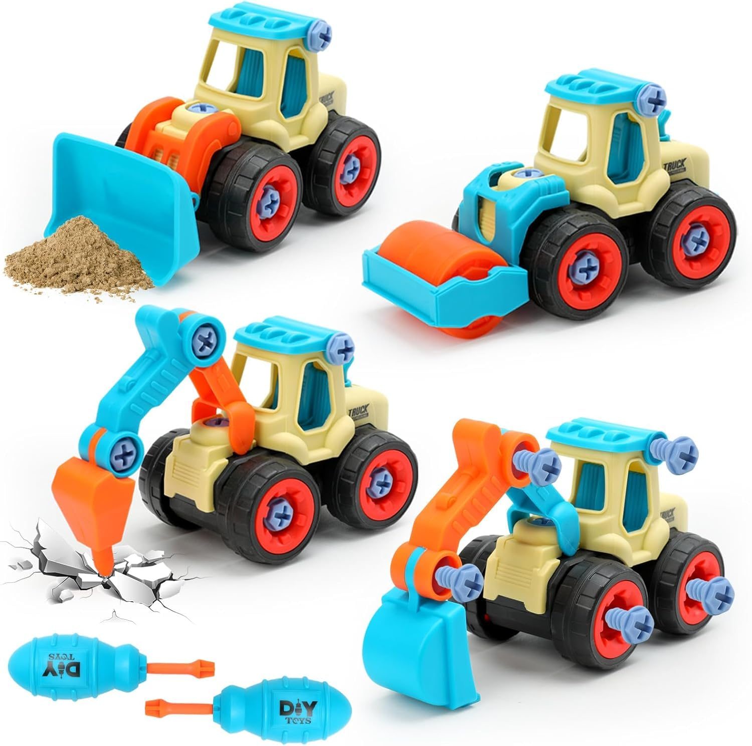 KITIKITTZ 4 PCS Take Apart Car Toys for Boys, DIY Engineering Construction Truck Toy Vehicle – Excavator, Drilling Car, Bulldozer, Road Roller, Kids Building Educational Toy Gift for Boys and Girls