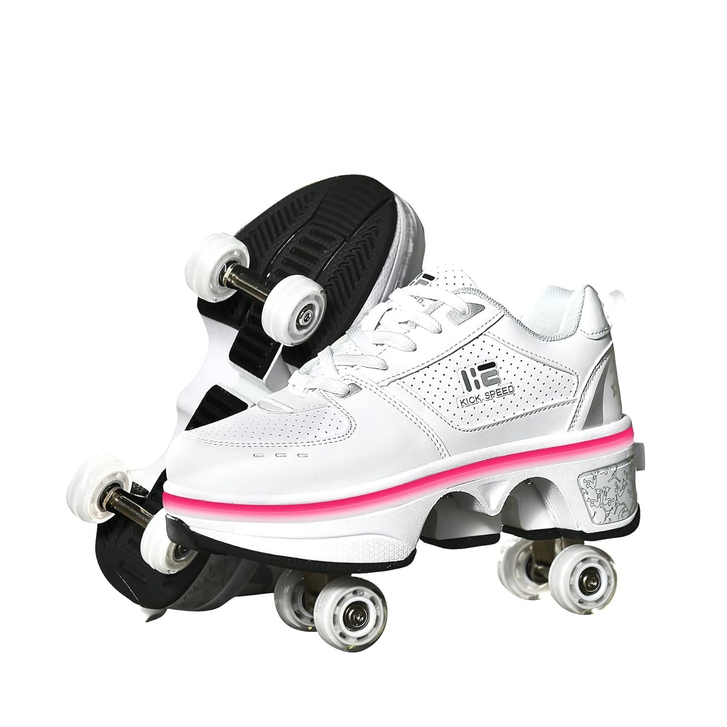 KOFUBOKE 2-in-1 Roller Skates & Sneakers Unisex Retractable Wheels Outdoor Fun & Fitness Kick Roller Shoes, Inlineskatewheel, Black And White
