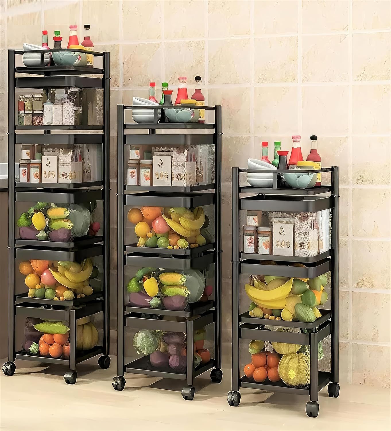 KWER Metal Kitchen Trolley Square Onion Baskets for Storage Layer-3 Kitchen Accessories Items&Vegetable Basket for Kitchen Organizer Items&Storage Portable Kitchen Accessories with Wheels(Black)