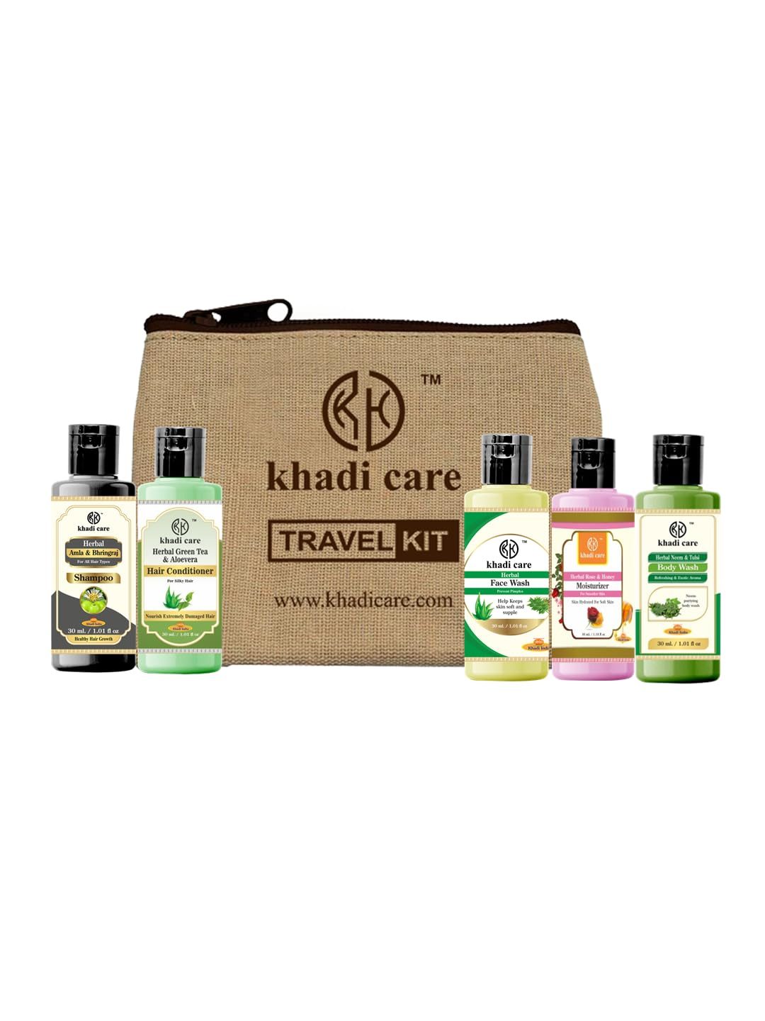 Khadi Care Herbal Grooming Travel Kit For Men & Women (1 Shampoo 30ml,1 Body Wash 30ml, 1 Moisturiser 30ml, 1 Face Wash 30ml, 1 Conditioner 30ml) 5 pcs in Set | Ideal for Travelling | Suitable for All skin types