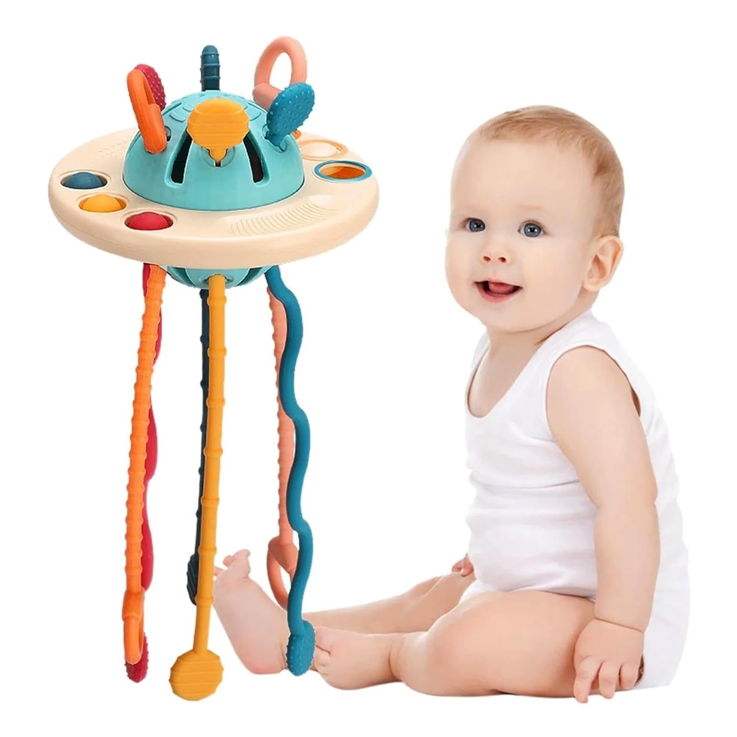 Kidology Montessori Teething Toy Set for Toddlers – Food-Grade Pull String, Perfect for 6+ Months Babies, Boys & Girls, Learning & Skills Development Toys, Travel-Friendly (UFO, Blue)