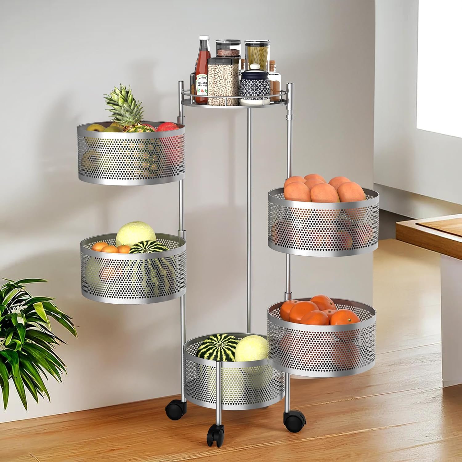 Kuber Industries Kitchen Storage Rack | 5-Tier Round Multipurpose Storage Trolley with Wheels | Rotating Vegetable Rack | Metal Fruit Rack | Silver