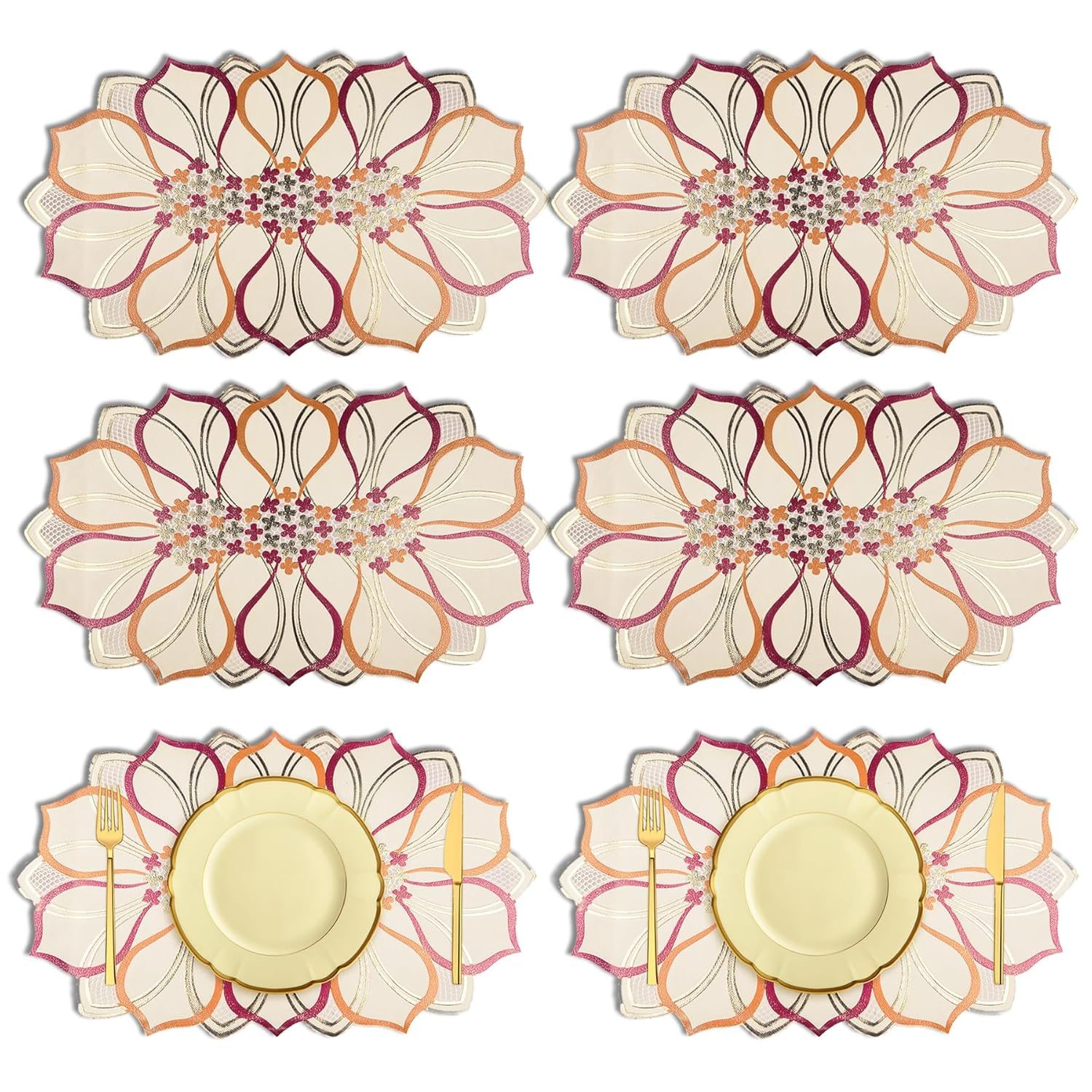 Kuber Industries Placemats – Multi Leaf Dinner Mat Set for Dining & Kitchen Table – 6 Piece Golden Set
