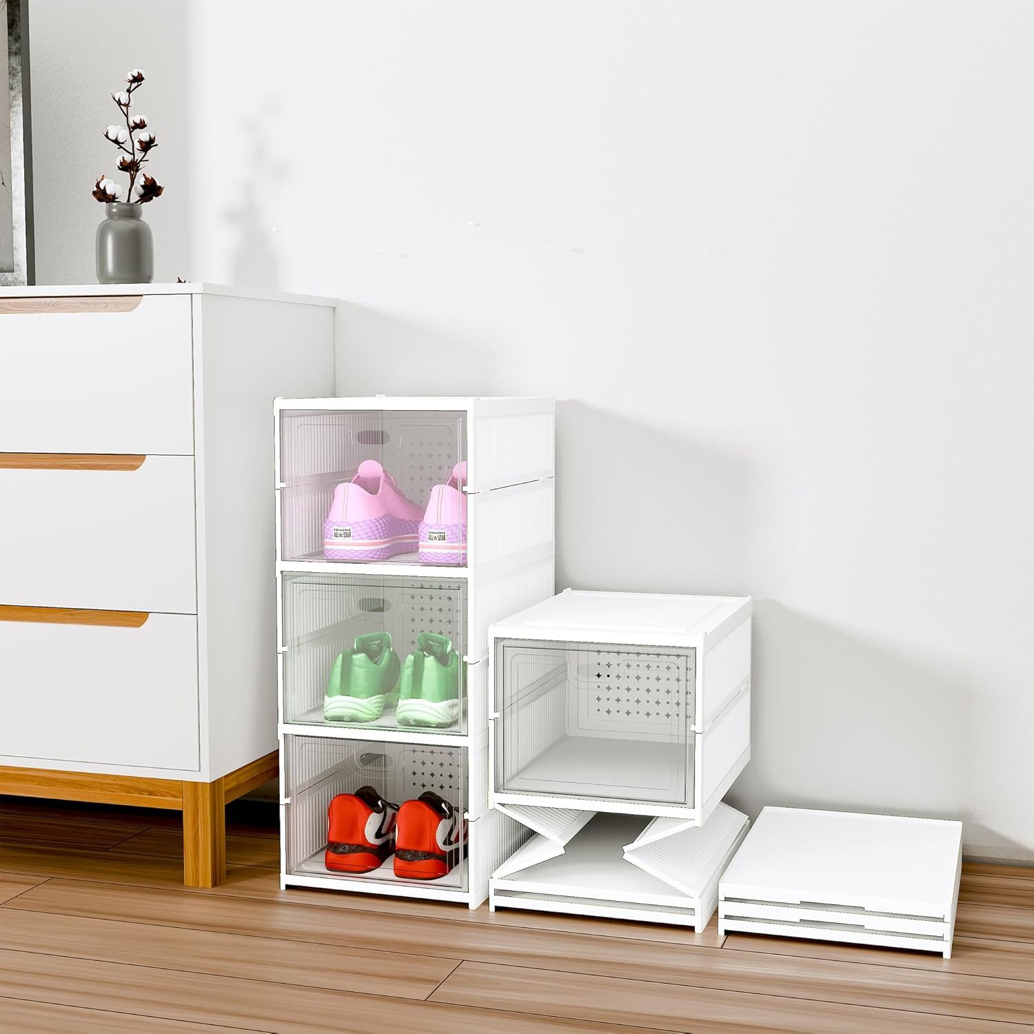 Kuber Industries Plastic 3 Layer See Through Foldable Closed Shoes Racks for Home | Shoe Boxes Storage/Sneaker Shoe Box Stand | Organizer for Wardrobe | Collapsible Shoe Rack Storage | White