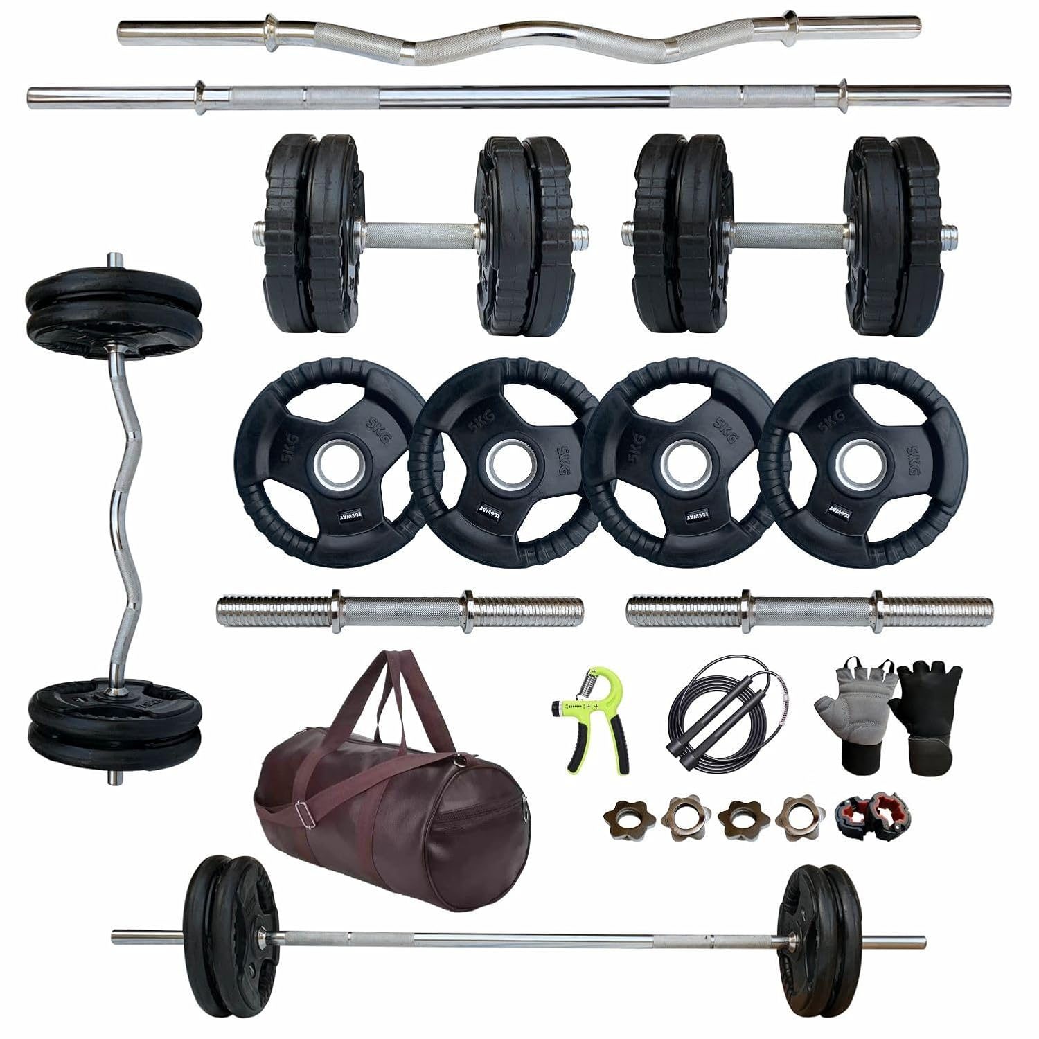 LEEWAY Rubber Coated Weight Plate 10 Kg Home Gym Set with 3Ft Curl (28mm), 5Ft Straight (28mm), Dumbbell Rods, Gym Equipment for Workout Fitness Exercise Kit (10kg Set (2.5X4) Home Gym Combo), Black