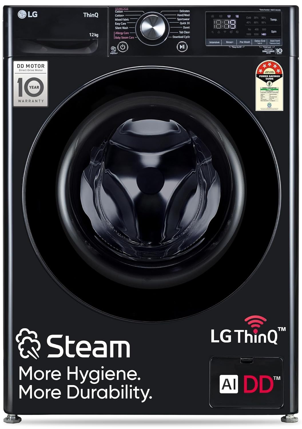 LG 12 Kg, 5 Star, AI Direct Drive Technology, Wi-Fi, Steam Fully Automatic Front-Loading Washing Machine (FHP1412Z5O, Intelligent & Convenient Fabric Care, Allergy Care, Remote Control, Onyx Black)