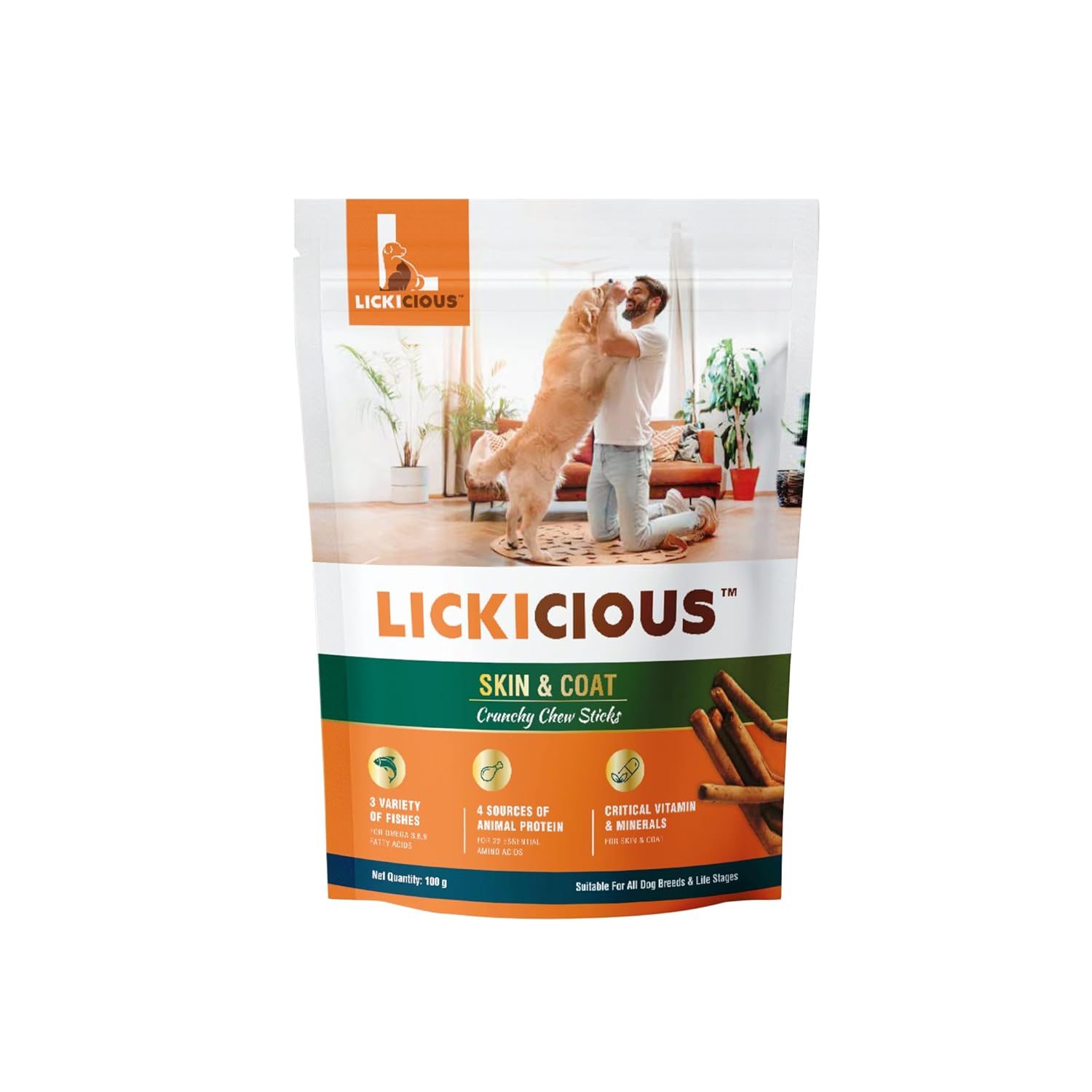 LICKICIOUS Nutritional Treats for Healthy Skin & Coat with Omega 3,6 & 9 | Dog Treats with Fish, Chicken, Egg & Flaxseed | Nutritional Dog Treats with No Added Water Suitable for All Dog Breeds, 100g.