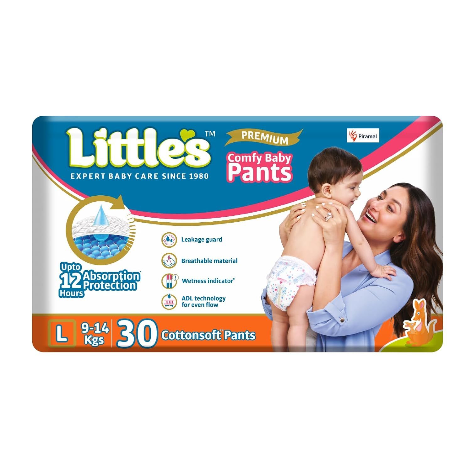 Little’s Baby Diapers L Size (Large) Pants Style | 9-14 kg | 30 Count – Pack of 1 | CottonSoft Baby Diaper with Leakage Guard, Wetness Indicator & 12 Hours Absorption
