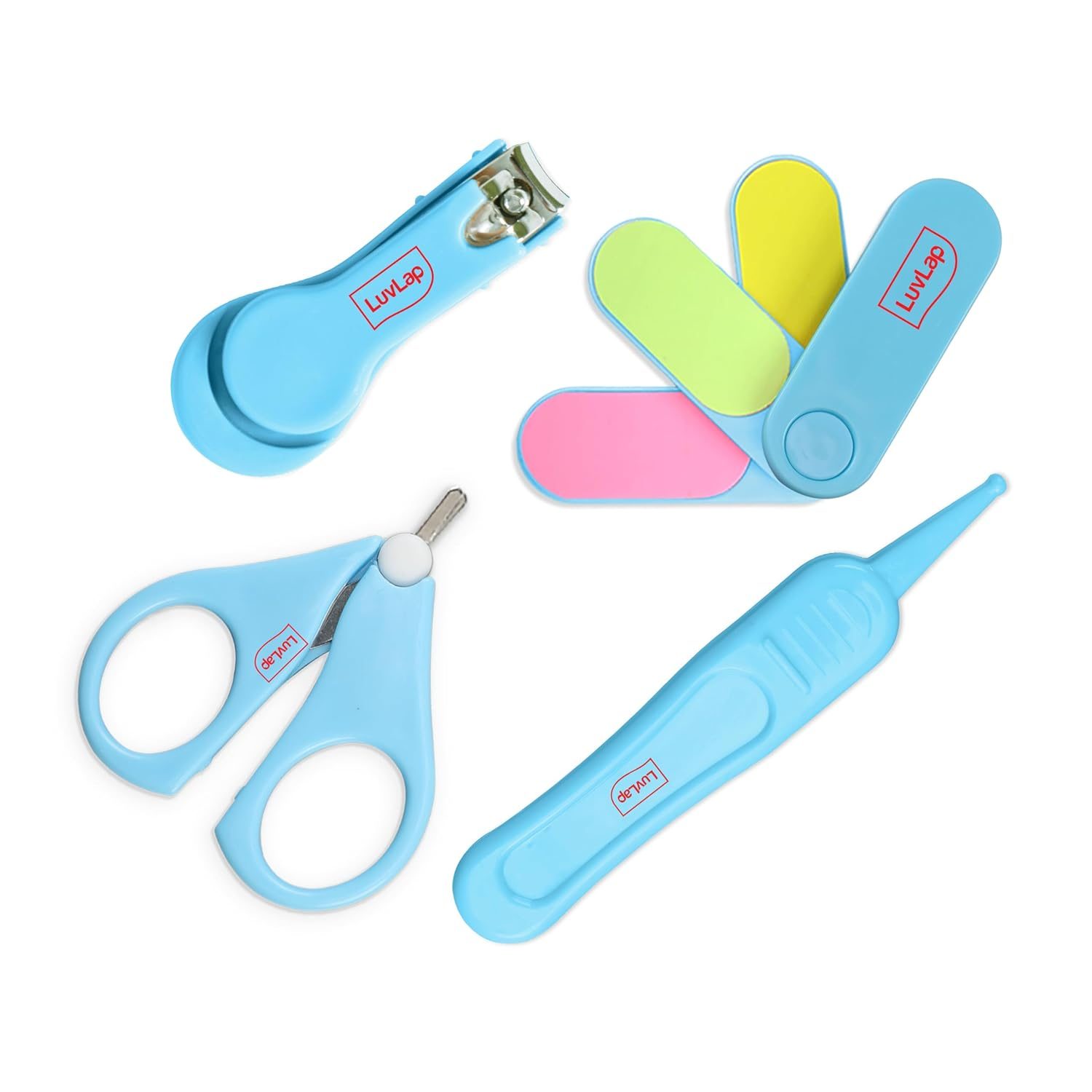 LuvLap Baby Grooming Scissors & Nail Clipper Set/Kit, Manicure Set, 4pcs, Blue, 0m+