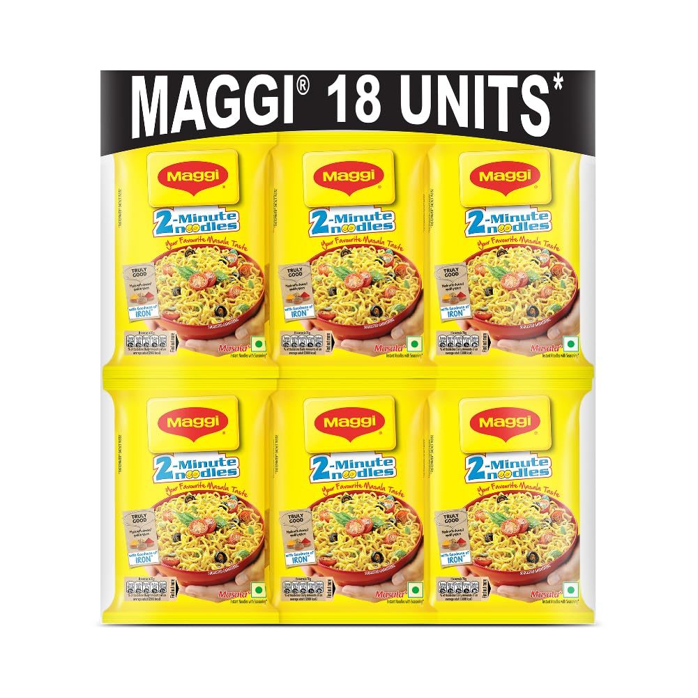 MAGGI 2-minute Instant Noodles, Masala Noodles with Goodness of Iron, Made with Choicest Quality Spices, Favourite Masala Taste, 70g (Pack of 18), 1.26kg Pack