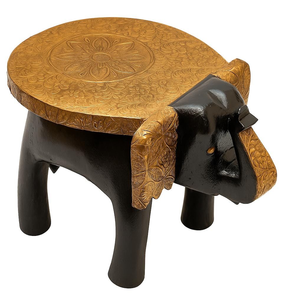 MAJESTIKA Handcrafted Brass Fitted Elephant Wooden Stool, Antique Finish Accent Stool, Brass Carved Tabletop for Living Room, Bedroom, Balcony, Decorative Wooden Furniture Stool (8″)