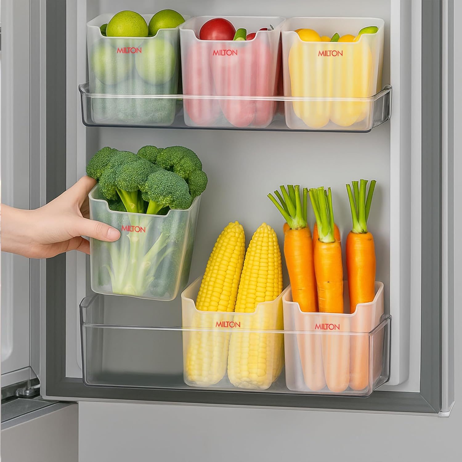 MILTON Cryo Fridge Storage Containers for Door – Set of 6, Stackable Plastic Containers with Waterproof Stickers | Space-Saving Organizer for Fruits, vegetables & more