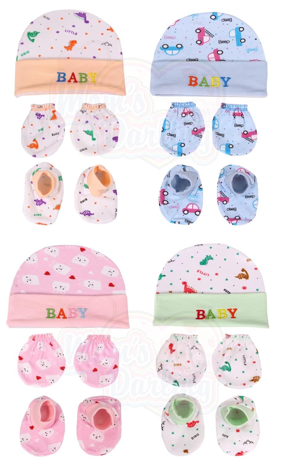 MOM’S DARLING Newborn Baby Cotton Mitten Sets With Cap And Booties/Newborn Cap Set/Newborn Gloves Set/Newborn Socks Set/Newborn Mitten Set/Newborn Bootie Set. Pack Of 4 Piece. Multicolor.10, Girls