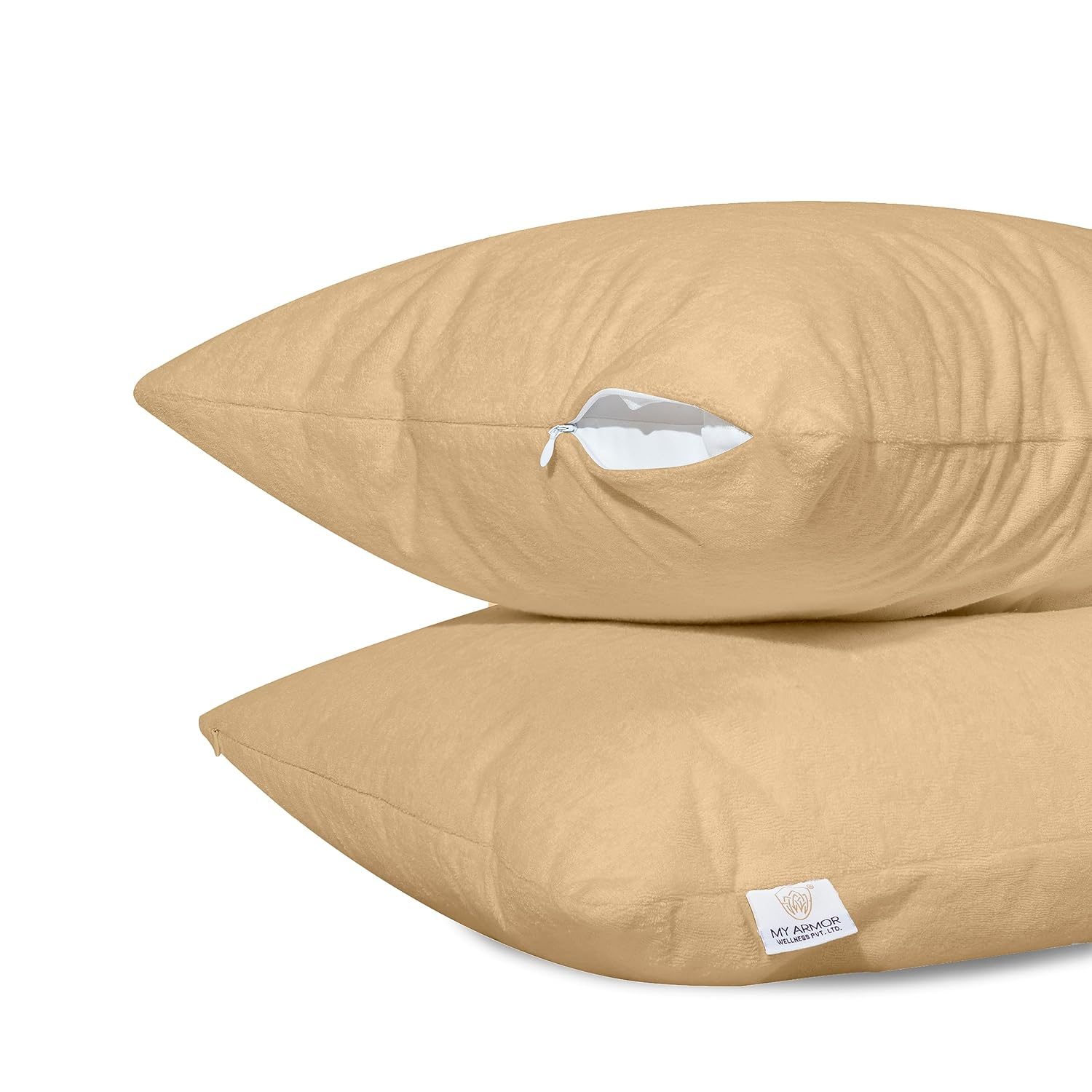 MY ARMOR Waterproof & Dustproof Cotton Terry Pillow Protectors, Standard Size | 220+ GSM- Set of 2, Beige (18″ x28″)