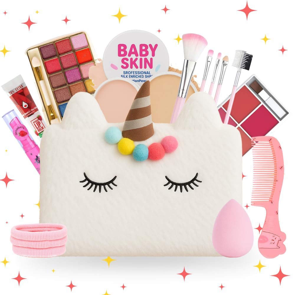 Makeup Kit for Girls & Teens – 20 PCS Safe & Washable Beauty Set with Unicorn White Fur Bag – Non-Toxic Cosmetics for Ages 7–16 – Gift Set with Brushes, Lip Gloss, Blush & More – All in one Makeup Kit