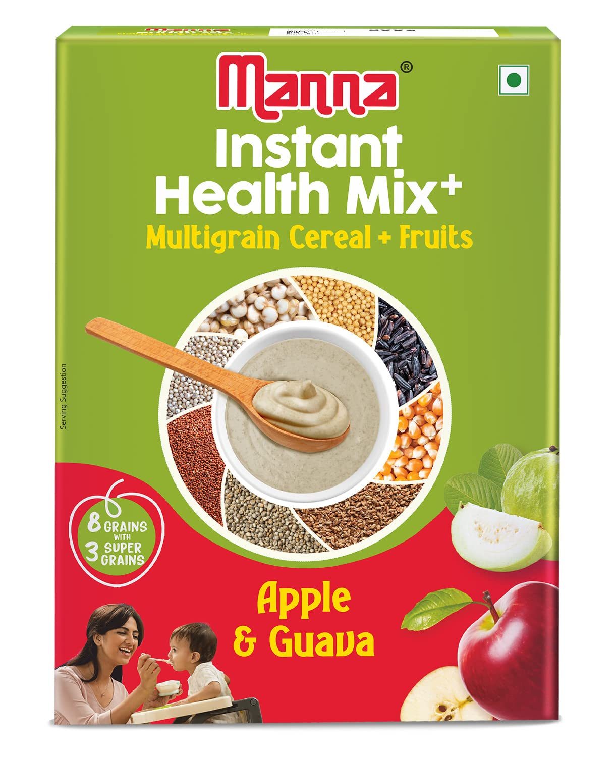 Manna Health Mix Instant Multigrain Cereal, Apple & Guava with Milk. Made with Real Fruits and 8 Supergrains and Millets. No Added Sugar, No Artificial Color, Flavors 200g