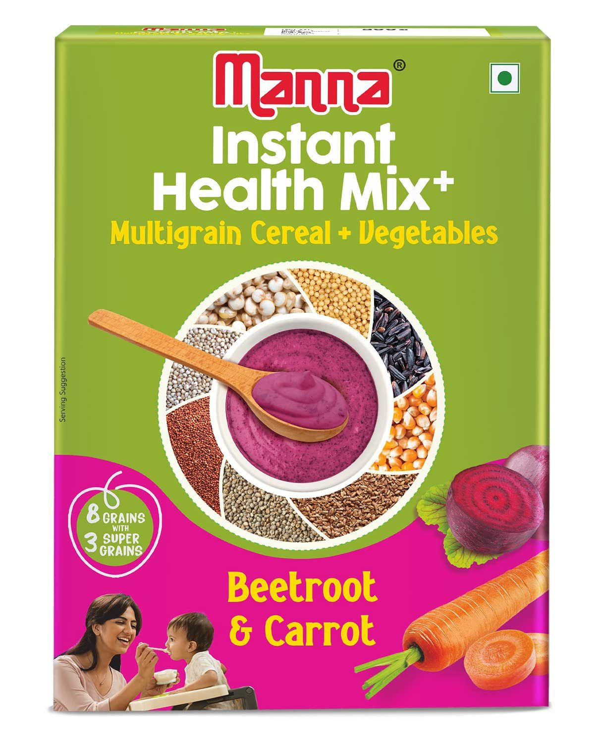 Manna Health Mix Instant Multigrain Cereal, Beetroot & Carrot with Milk.Made with Real Vegetables and 8 super grains and millets. No Added Sugar, No Artificial Color, Flavors 200g