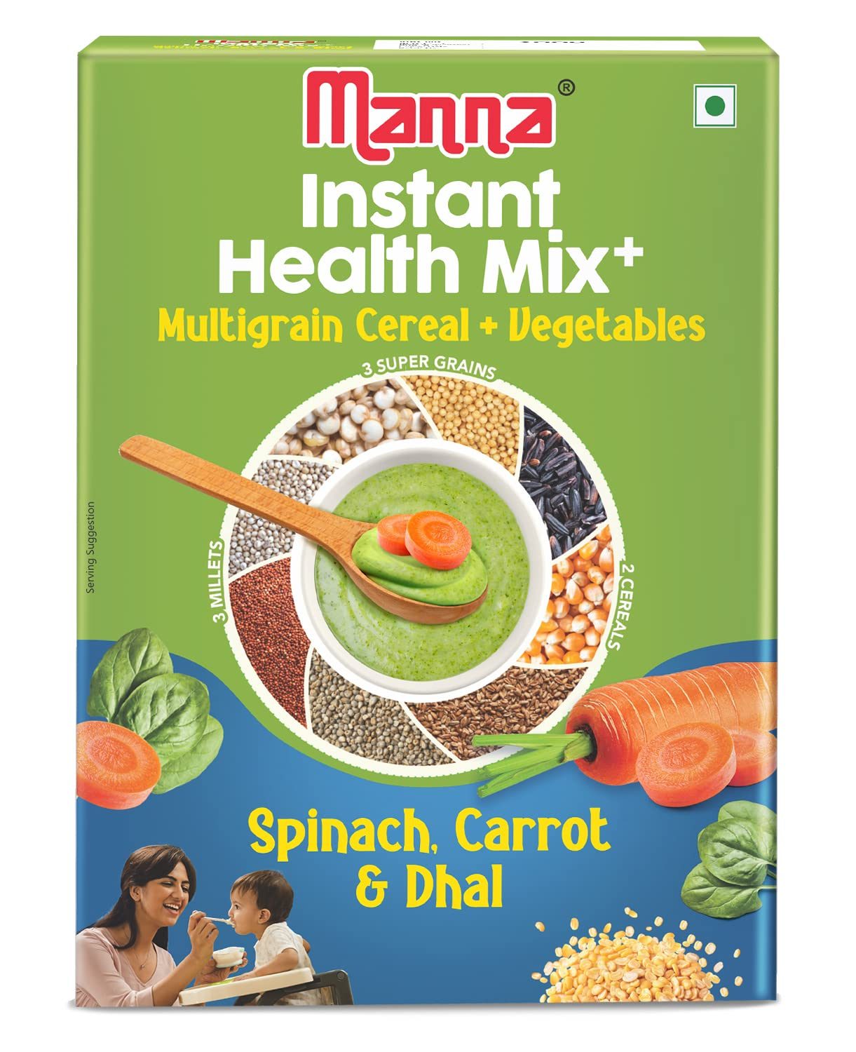 Manna Health Mix Instant Multigrain Cereal, Spinach, Carrot, Dal with Milk. Made with Real Vegetables and 8 super grains and millets. No Added Sugar, No Artificial Color, Flavors 200g