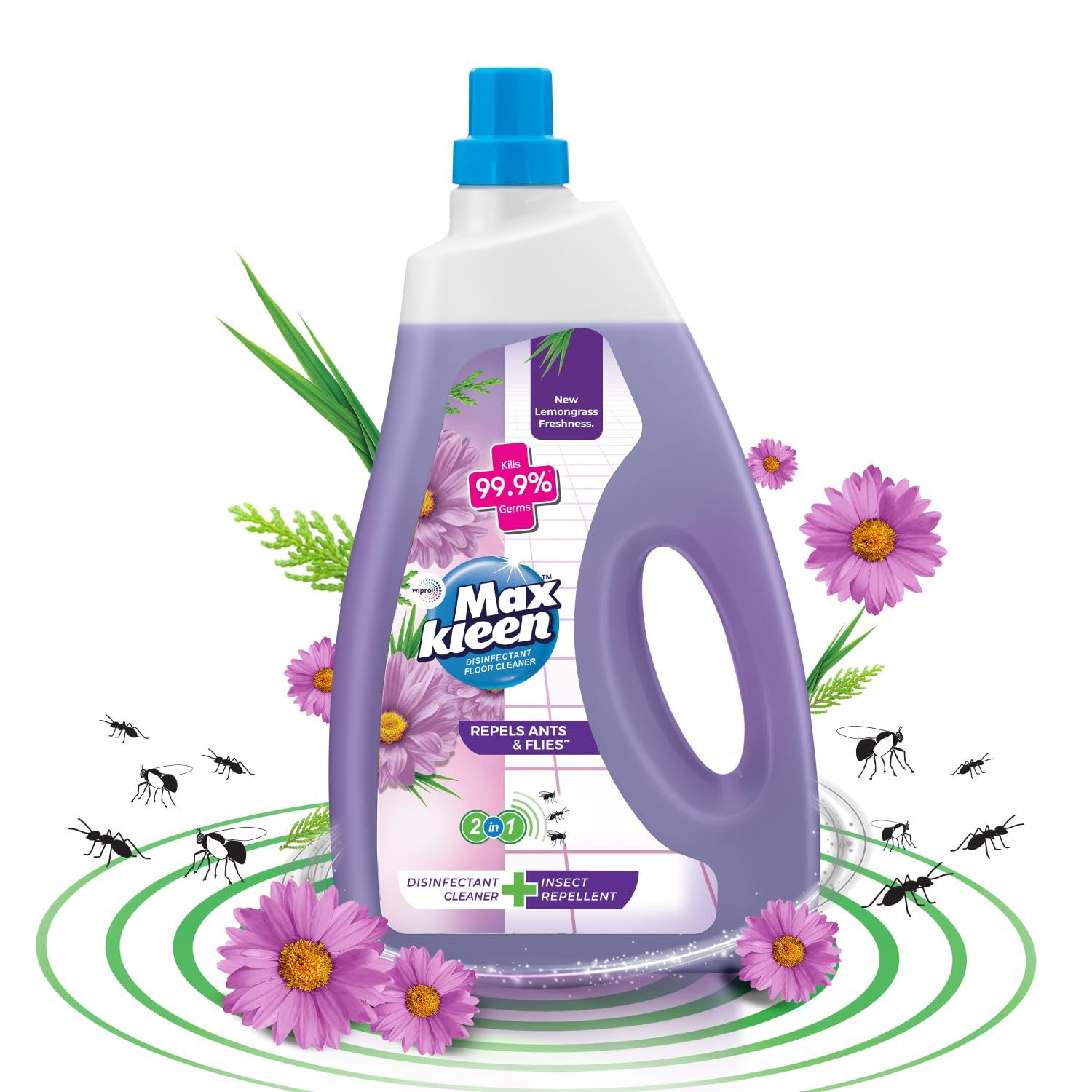 Maxkleen 2in1 Liquid 1800Ml+Insect Repellent With Natural Oils|Disinfectant Floor Cleaner Refill Pack|Surface Disinfection,Kills 99.9% Germs,Suitable For All Floor Cleaner Mops,Keeps Ants & Flies Away