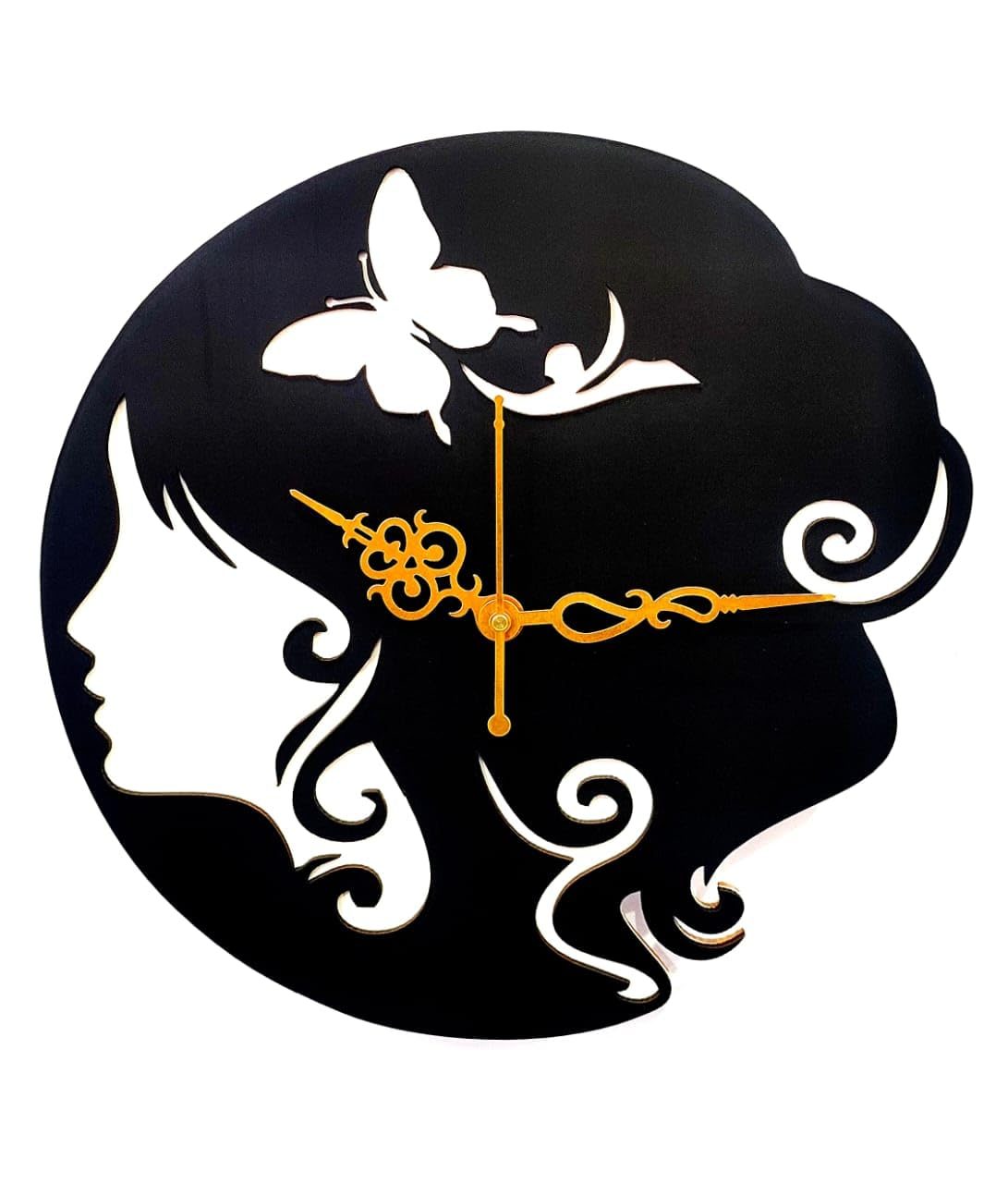 MeeCraft Wooden Wall Clock for Saloon and Boutique Decor, Designer Girl Face and Butterfly Silhouette. (Black and White, 29×29 CM)
