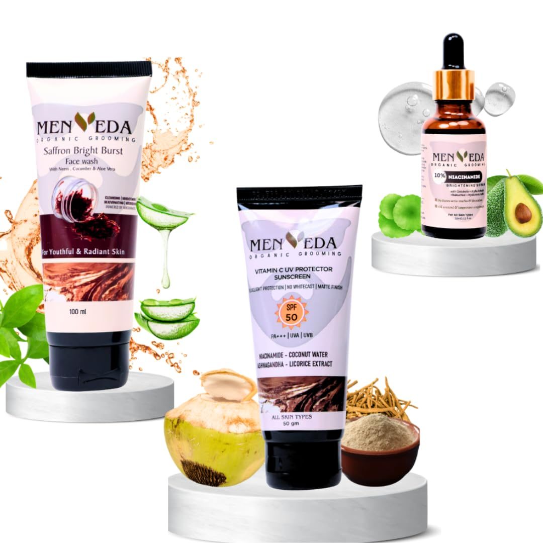 Menveda Grooming Kit For Men (Pack of 3) | Face Wash 100ml, Niacinamide Serum 30ml & Sunscreen 50g Skincare Routine for Men | Nourished & Glowing Skin with Sun Protection | Perfect Gift Set