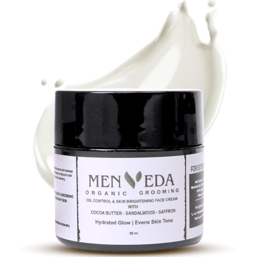 Menveda Organic Grooming Oil Control & Skin Brightening Face Cream for Men 50 ml | Niacinamide, Saffron & Cocoa Butter | Lightweight & Non-Greasy | Face Moisturizer for Glowing Skin | All Skin Types