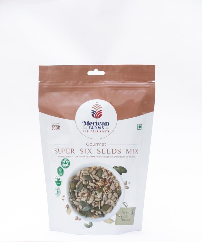 Merican Farms’ Super Six Seeds Mix 200gm | Mix Seeds – Flax, Chia, Sesame, Sunflower, Watermelon, Pumpkin Seeds, Mixed Seeds for Eating | Seeds for Eating | Diet Snacks | Roasted Mix Seeds |