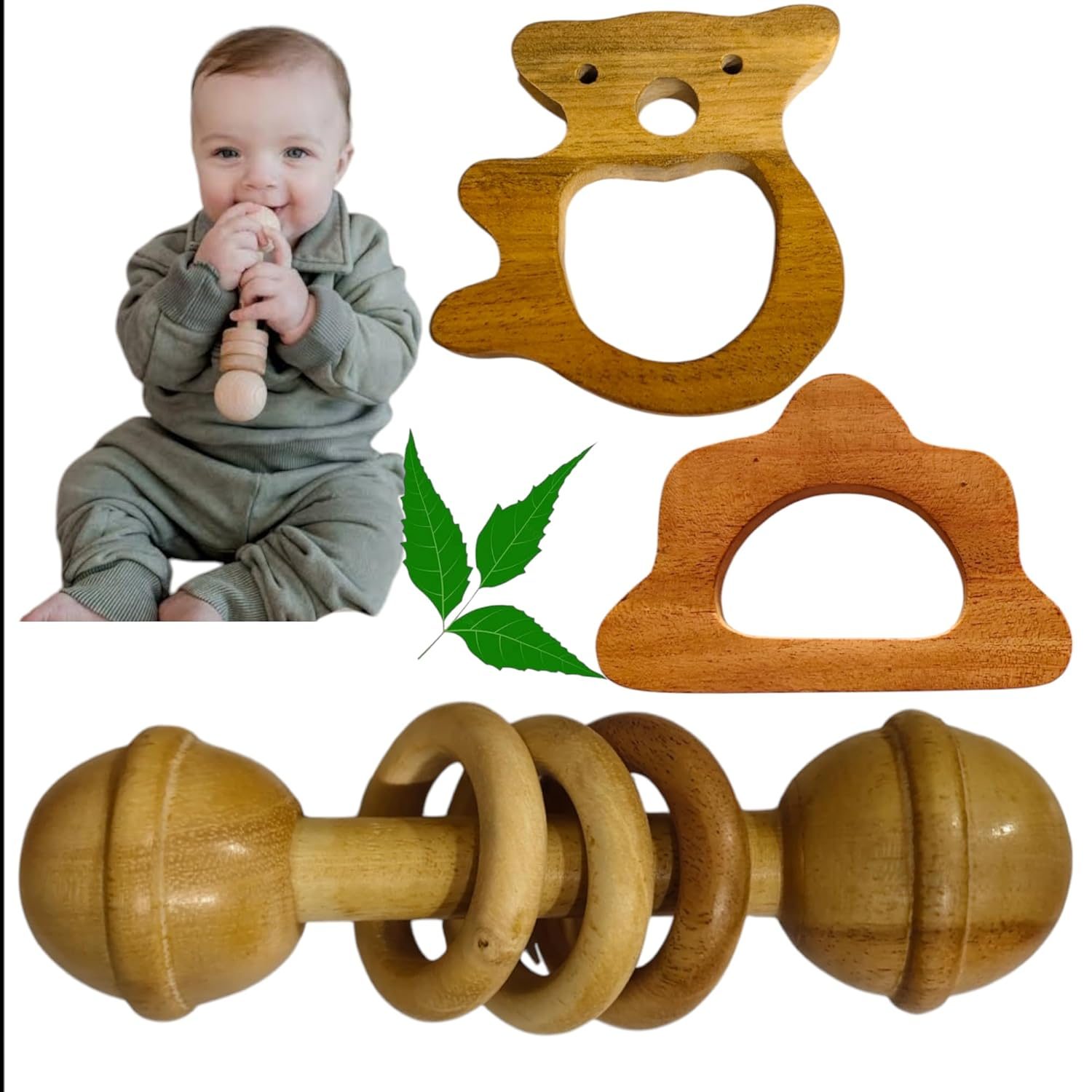Natural Neem Wood Baby Rattle and Teething Toys Set, Natural Wood Montessori Sensory Toys, 4 Pieces, Antibacterial