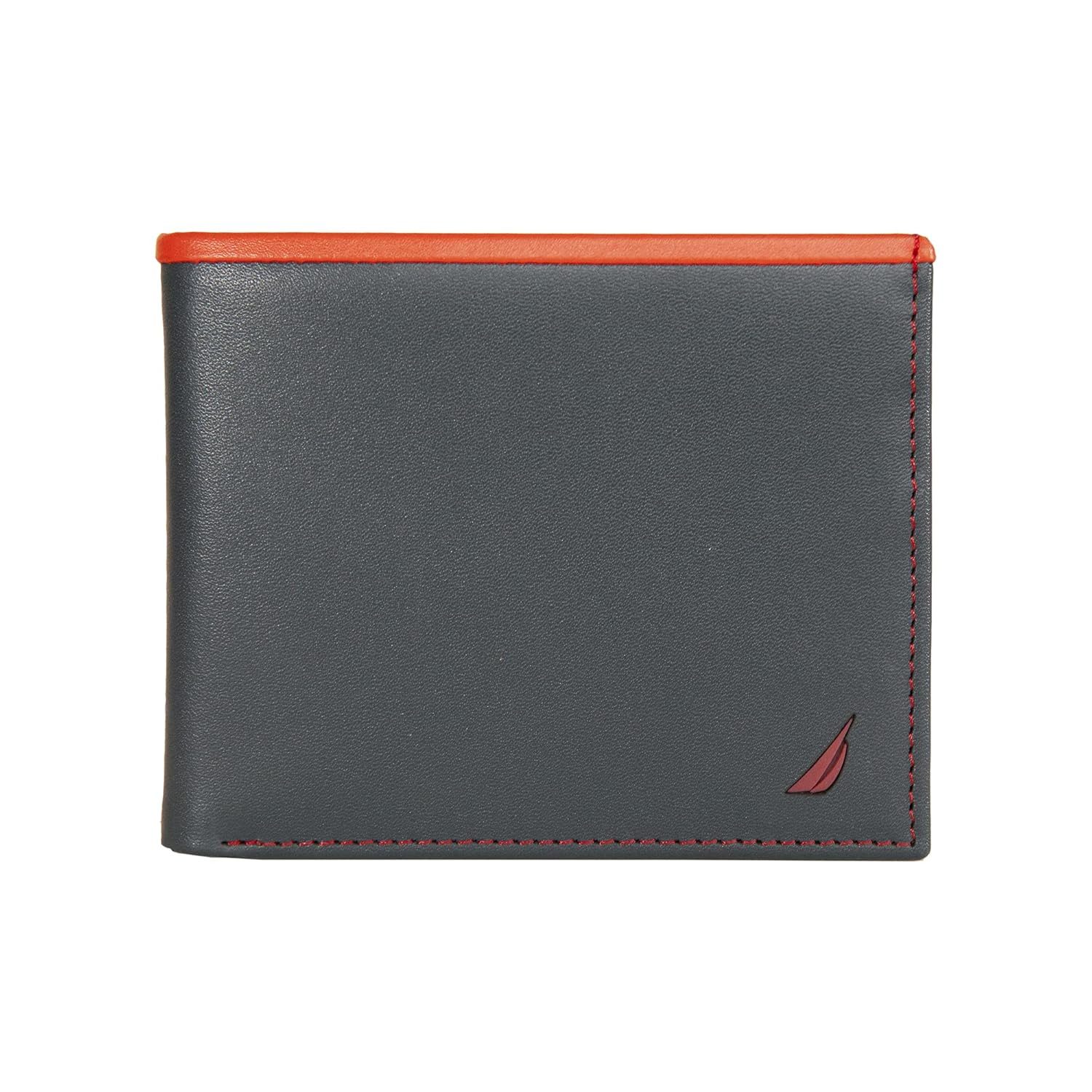 Nautica Men’s Classic Leather Bifold RFID Wallet (Available in Smooth or Pebble Grain), Pop Color – Navy/Red, OSFA