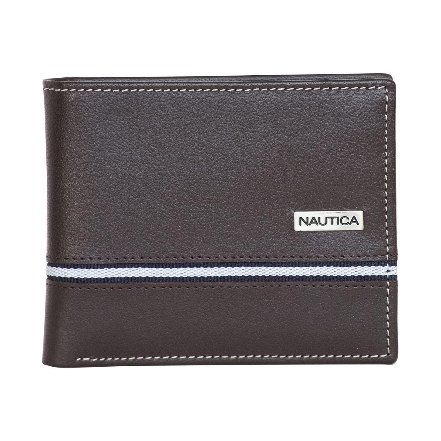 Nautica Men’s Logo Plate Brown Bifold Wallet, One Size