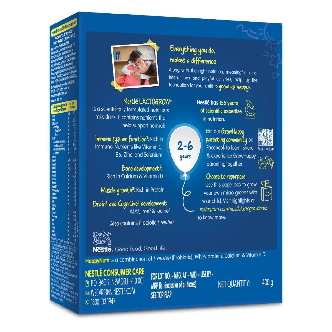 Nestle LACTOGROW Nutritious Milk Drink Powder | Biscuity Vanilla Flavour (2-6 Years), (Pack Of 2), 800g, Bag-In-Box Pack