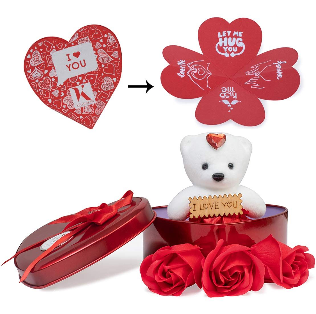 Next Bazaar Artificial Rose Soaps with Greeting Card and Teddy (Red, 1 Teddy, 1 Greeting Card , 1 Box and 3 Artificial Rose Soaps)