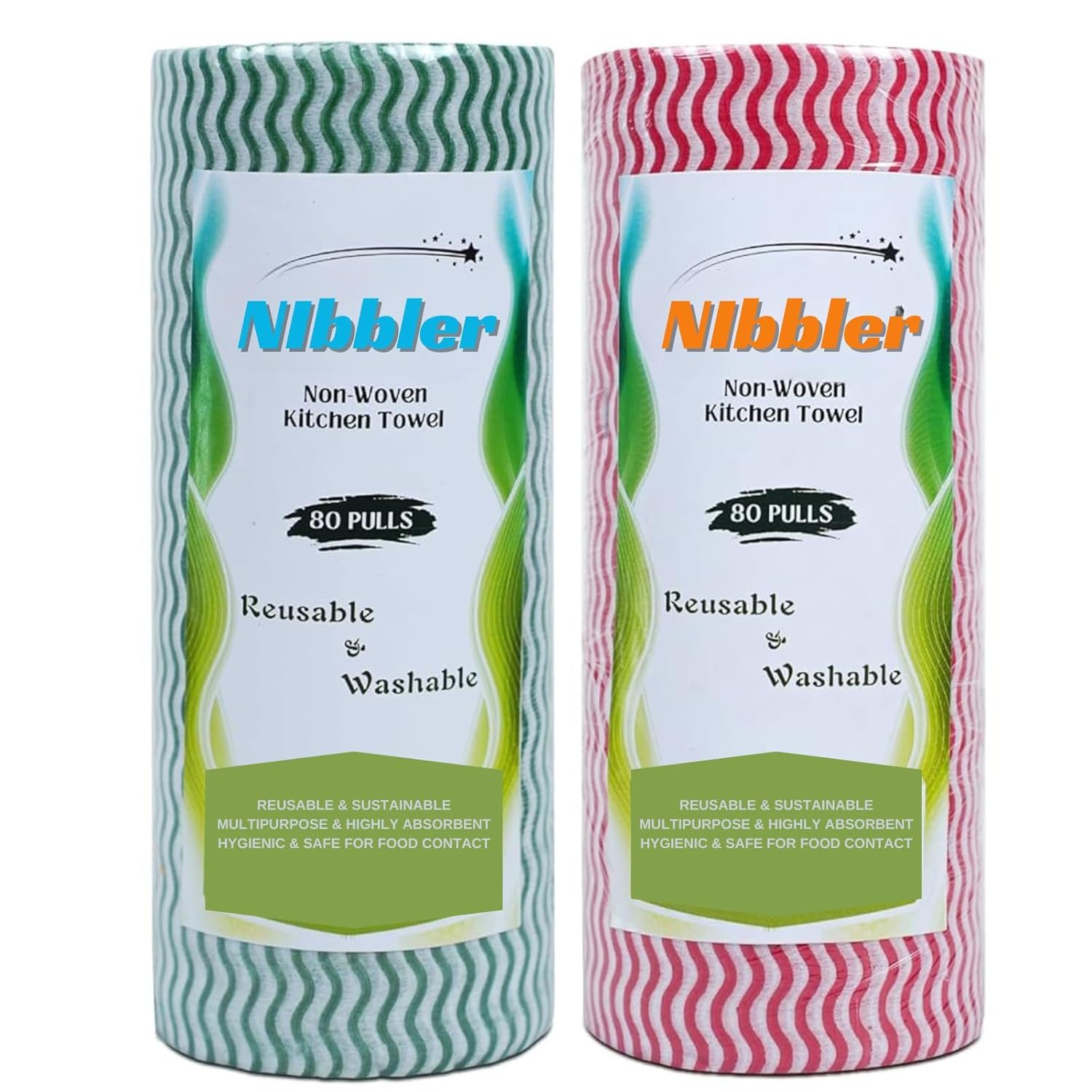 Nibbler Kitchen Roll Cleaning Wipes, 80 Pulls, Washable & Reusable, Quick Dry, Non-Woven Dish Towels (Pack of 2)