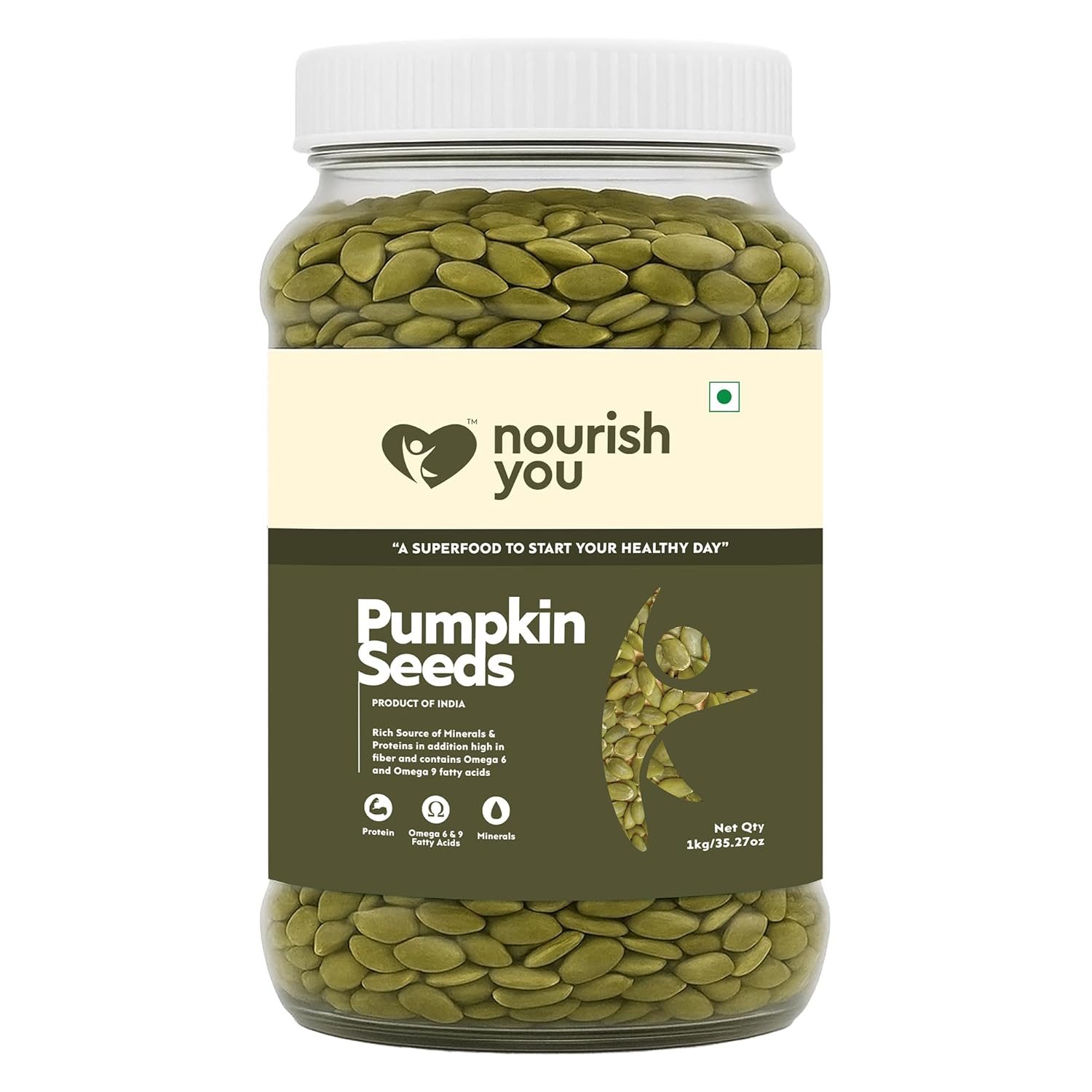 Nourish You Edible Raw pumpkin seeds 1kg Jar- AAA Grade Seeds for Eating |Healthy Diet Snacks | Rich in Protein | Superfood for Heart Health, Digestion & Immunity Booster|