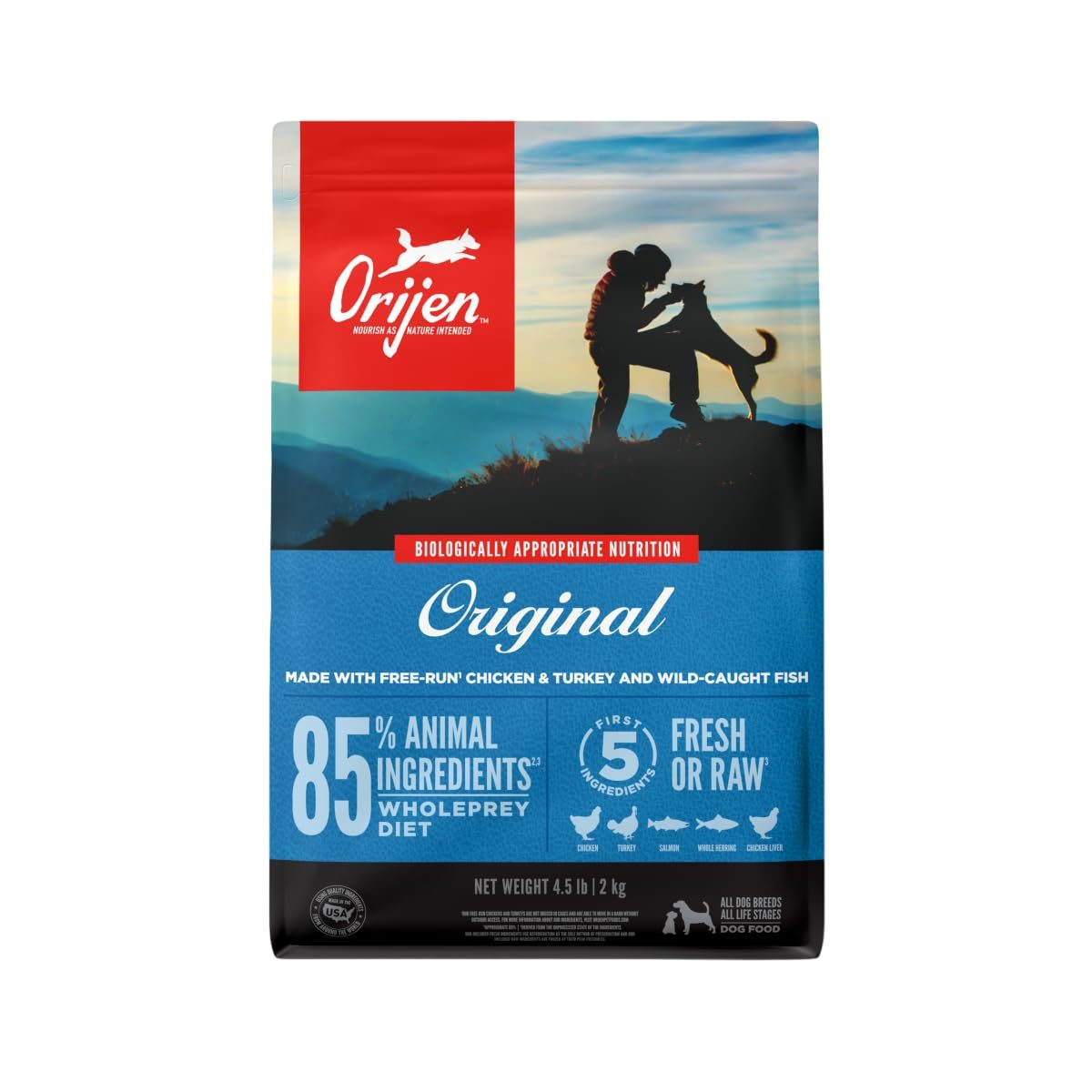 ORIJEN Original Dry Dog Food, Grain Free Dog Food for All Life Stages, Fresh or Raw Ingredients, 2 Kg