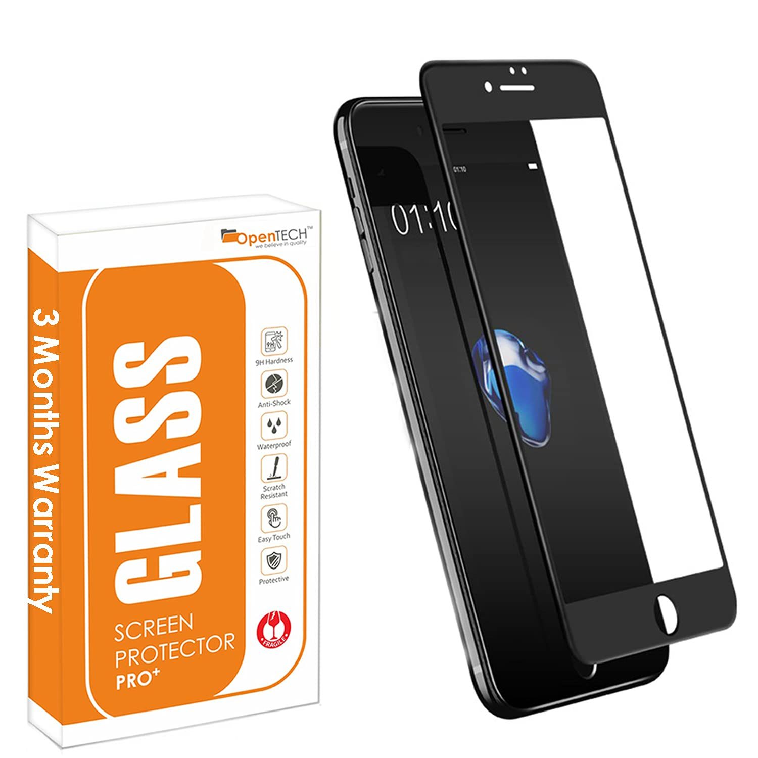 OpenTech Tempered Glass Screen Protector Compatible For Iphone 7 Plus / 8 Plus Edge To Edge Coverage With Easy Installation Kit (Black Color) for Smartphone